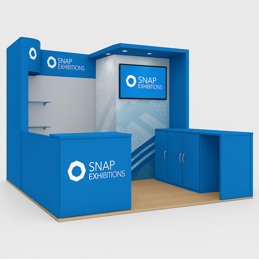 Pori 10x10 inline modular trade show booth with built-in monitor, overhead lighting, storage counters, and aluminum frame, designed by Snap Exhibitions.
