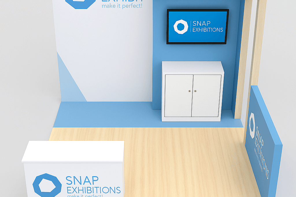 Mito 10x10 inline modular trade show booth with overhead frame, back wall TV mount, and front counter by Snap Exhibitions – lightweight, customizable, and ideal for branding in compact spaces.