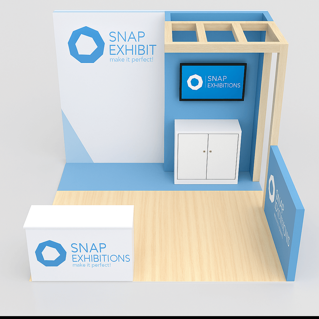 Mito 10x10 inline modular trade show booth with overhead frame, back wall TV mount, and front counter by Snap Exhibitions – lightweight, customizable, and ideal for branding in compact spaces.
