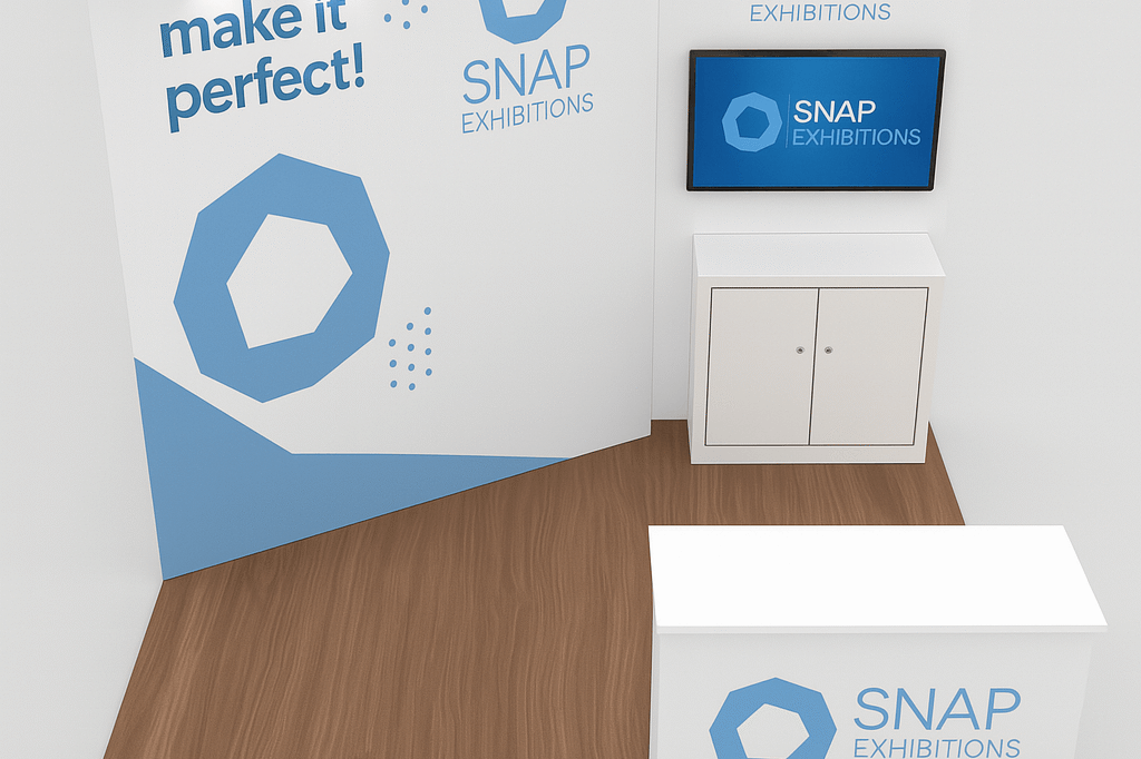 Lule 10x10 modular trade show booth with angled walls, built-in storage cabinet, and mounted screen, designed by Snap Exhibitions for high-impact inline presentations.