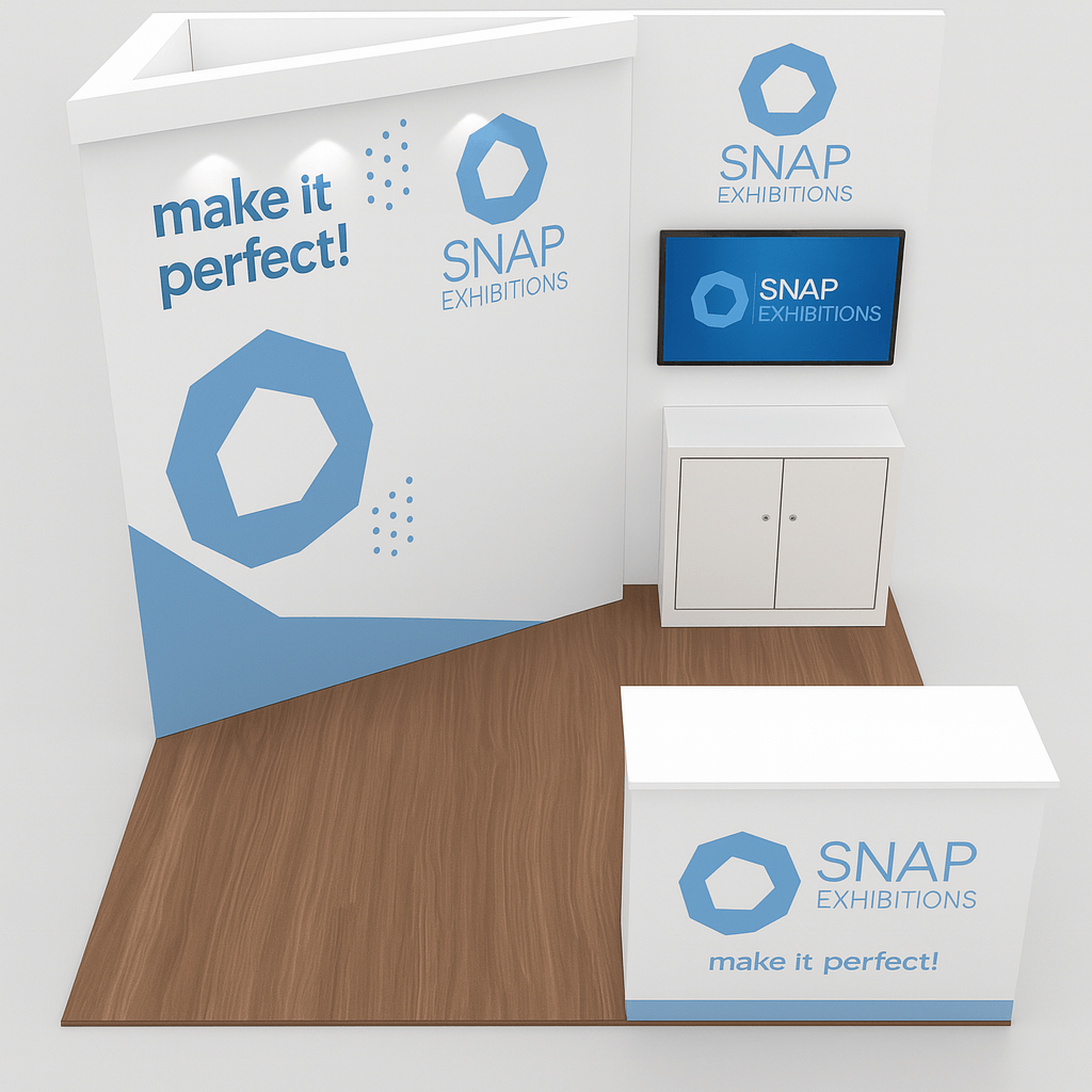 Lule 10x10 modular trade show booth with angled walls, built-in storage cabinet, and mounted screen, designed by Snap Exhibitions for high-impact inline presentations.