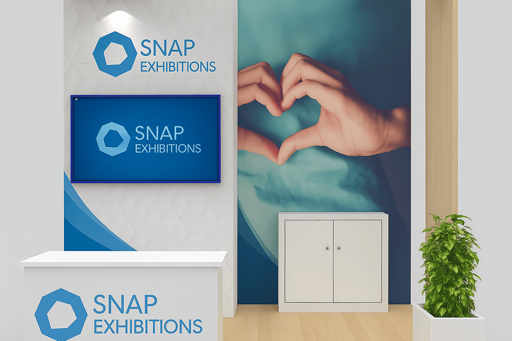 Karu 10x10 modular trade show booth with wooden canopy, backlit display wall, integrated screen and storage cabinet — designed by Snap Exhibitions for impactful inline setups.
