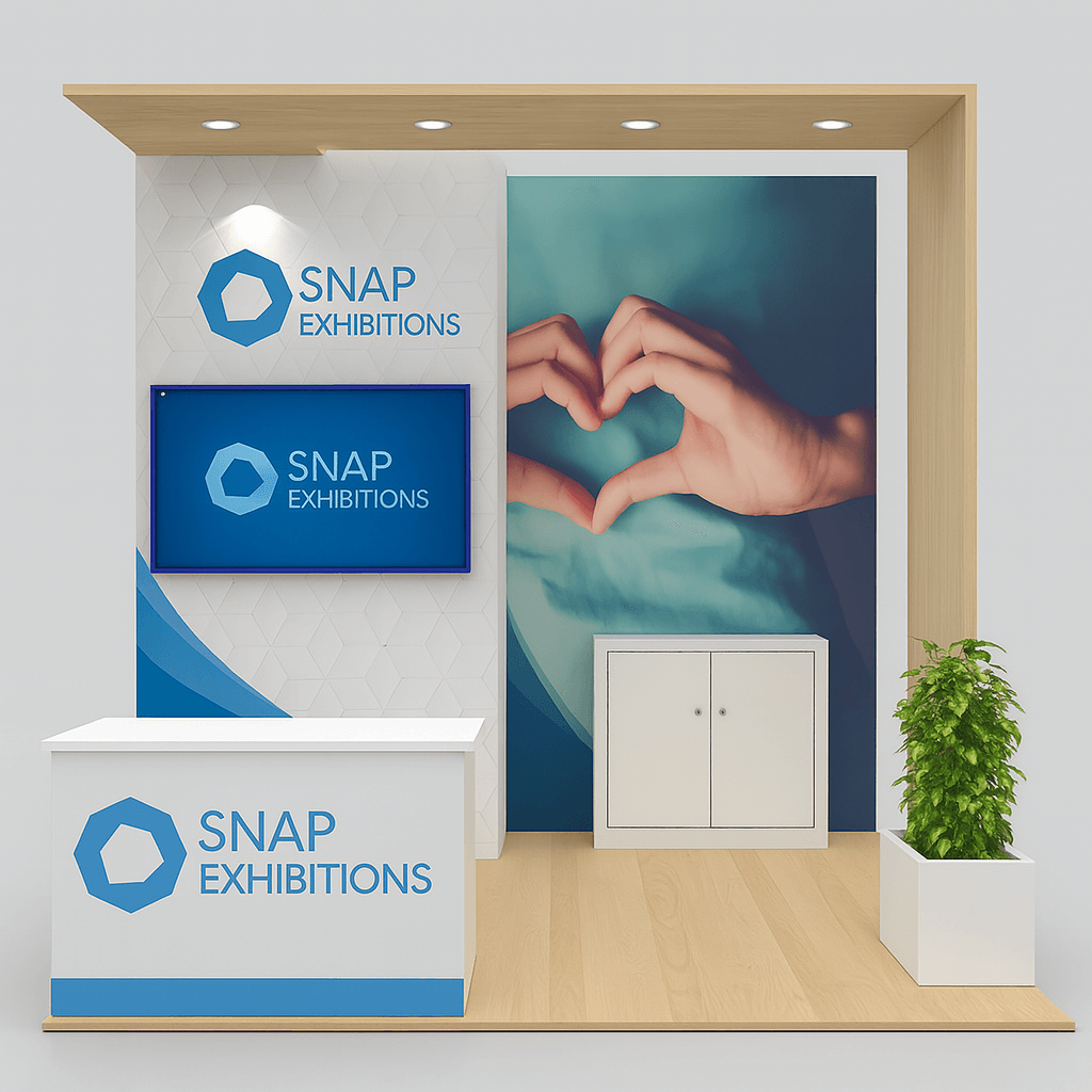 Karu 10x10 modular trade show booth with wooden canopy, backlit display wall, integrated screen and storage cabinet — designed by Snap Exhibitions for impactful inline setups.