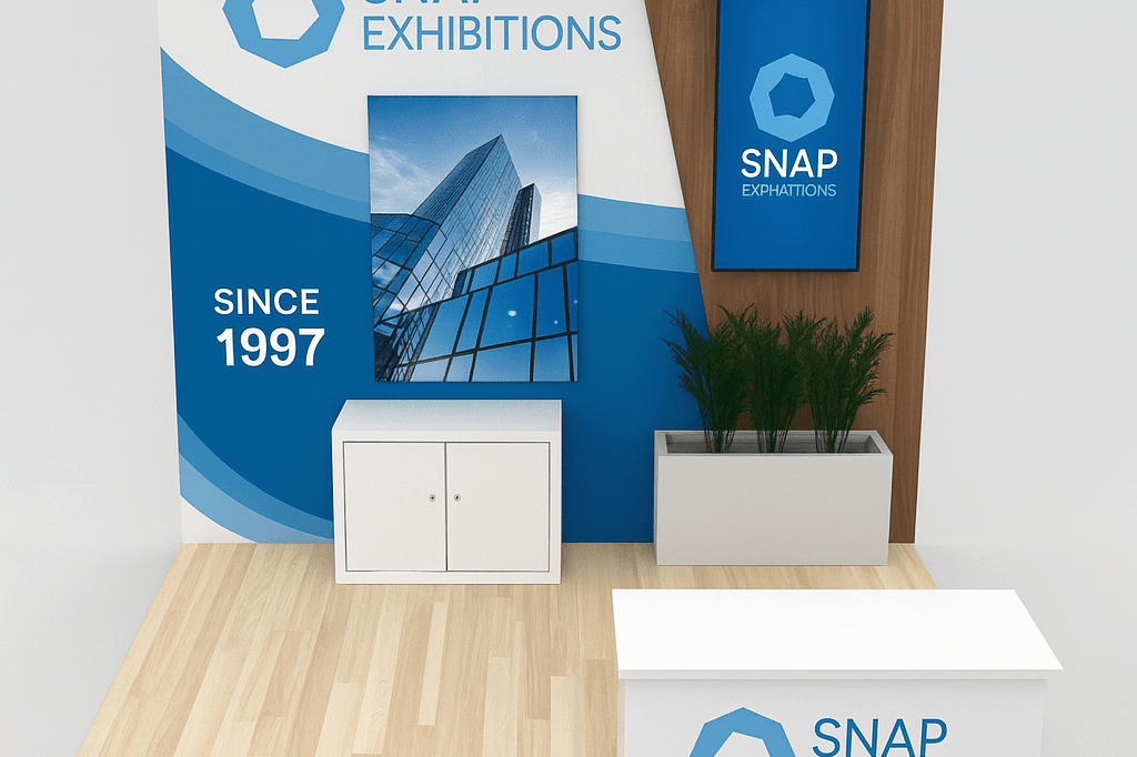 tosa 10x10 inline modular trade show booth with backlit panel and vertical TV screen by Snap Exhibitions – rental booth with wood and white frame design