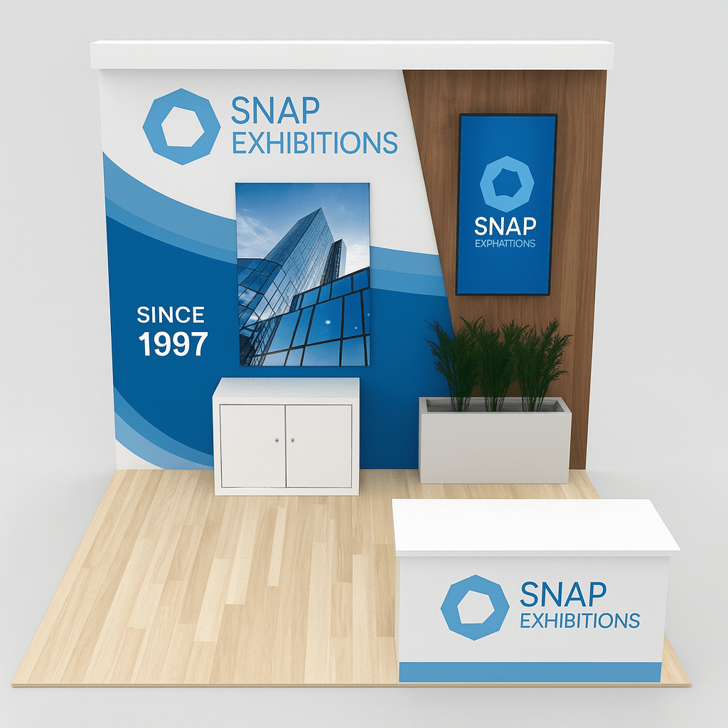 tosa 10x10 inline modular trade show booth with backlit panel and vertical TV screen by Snap Exhibitions – rental booth with wood and white frame design