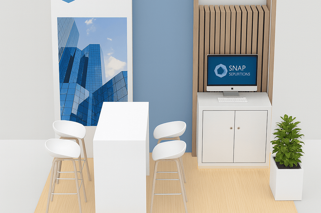 arco 10x10 inline modular trade show booth with built-in monitor station and tech-ready setup by Snap Exhibitions – wood accent flooring and aluminum frame design