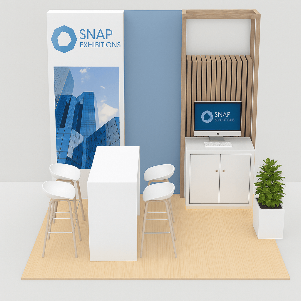 arco 10x10 inline modular trade show booth with built-in monitor station and tech-ready setup by Snap Exhibitions – wood accent flooring and aluminum frame design