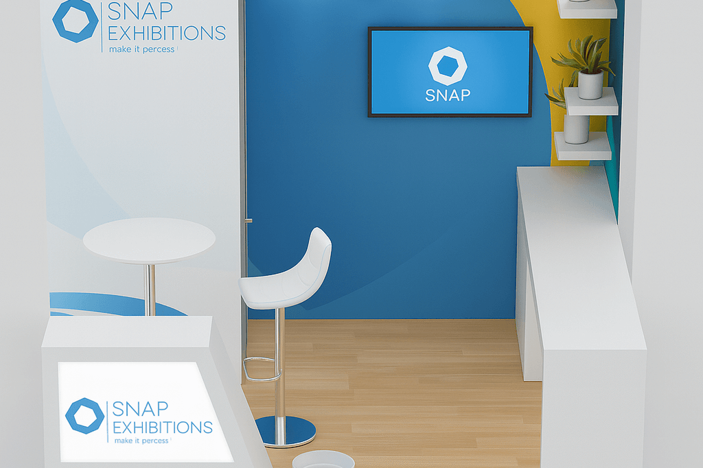 Luma 10x10 inline modular trade show booth by Snap Exhibitions featuring blue accent walls, shelving, monitor display, and branded counters.