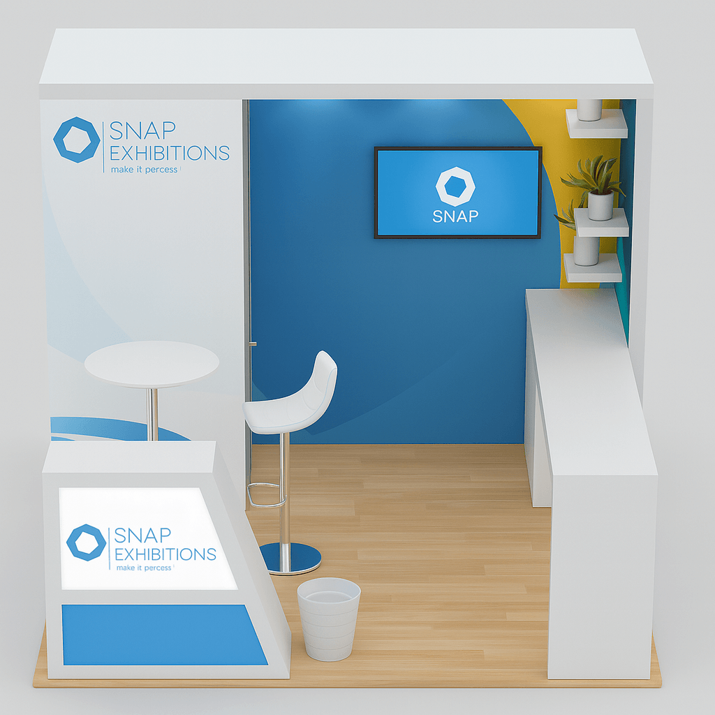 Luma 10x10 inline modular trade show booth by Snap Exhibitions featuring blue accent walls, shelving, monitor display, and branded counters.