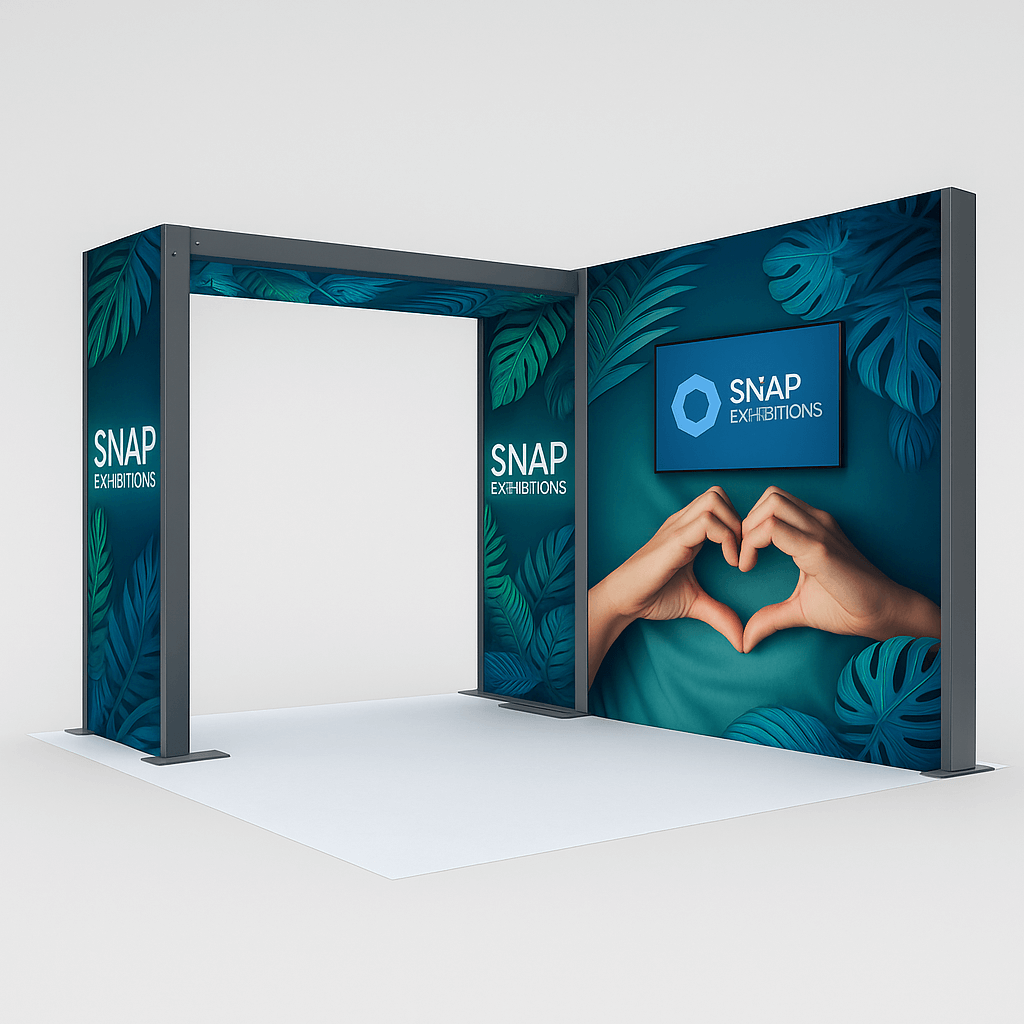 Niza 10×10 inline modular trade show booth with full backlit walls, LED-lit graphics, and aluminum frame by Snap Exhibitions.
