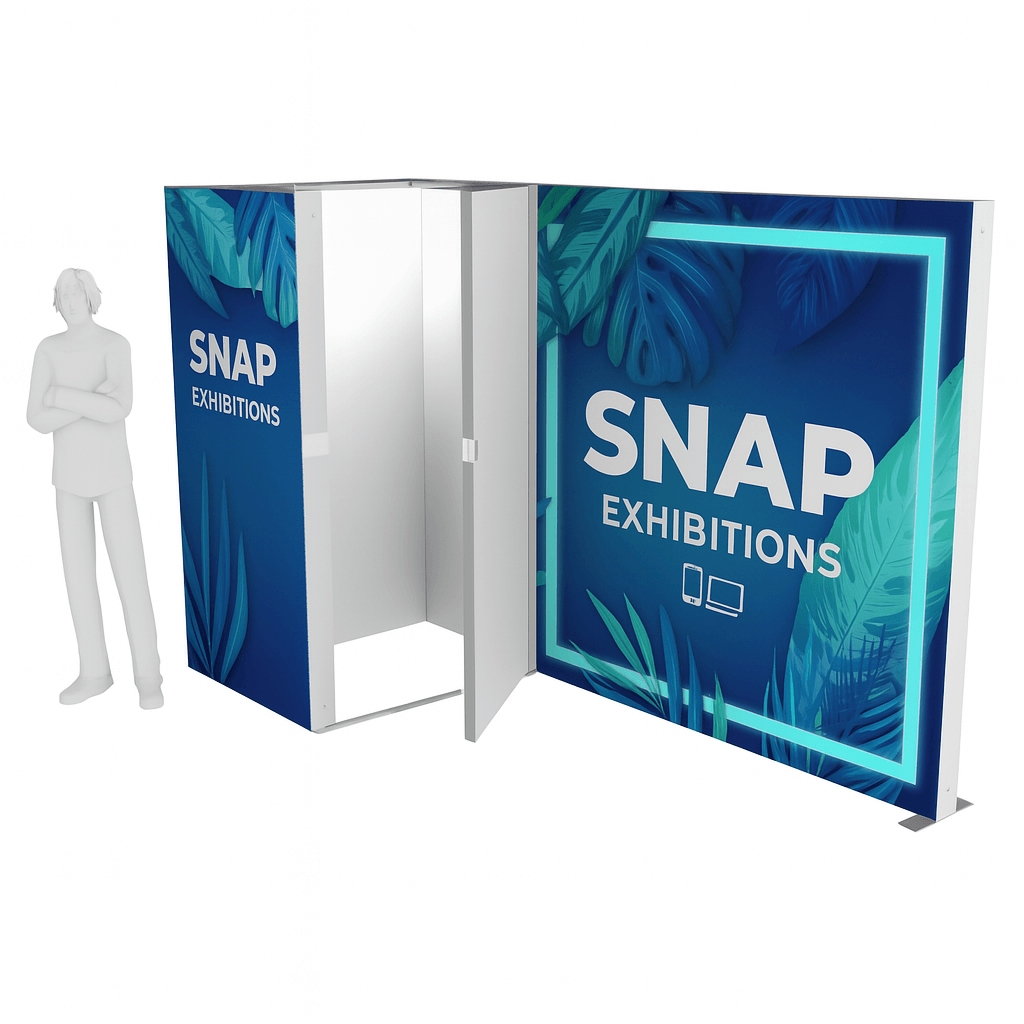Zipa 10×10 modular trade show booth with enclosed storage and full backlit walls, designed by Snap Exhibitions for high-impact visibility.