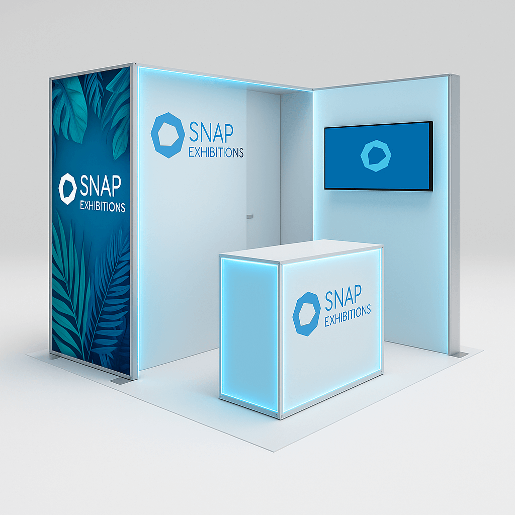 Fira 10×10 inline modular trade show booth with full backlit walls and counter by Snap Exhibitions