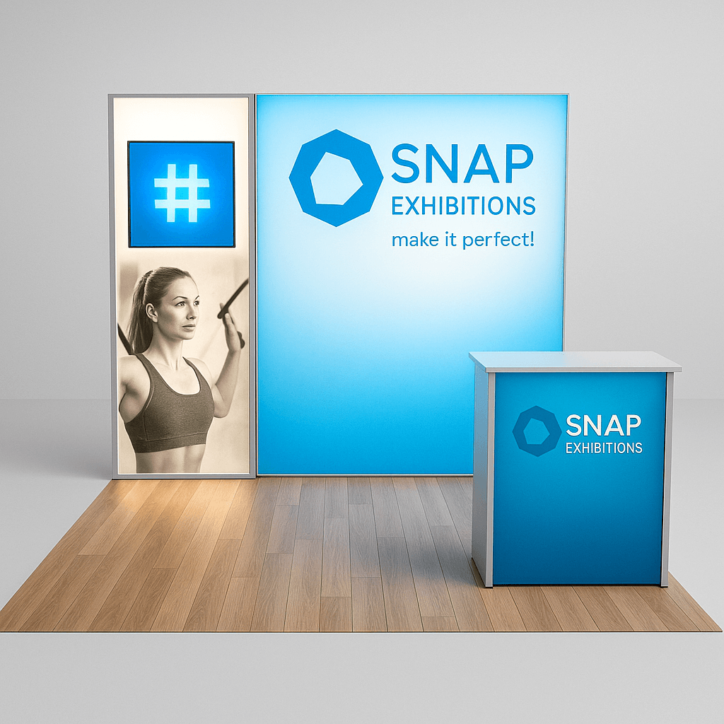 10×10 modular trade show booth with fully backlit walls and media area, Sleek Nadi inline design by Snap Exhibitions