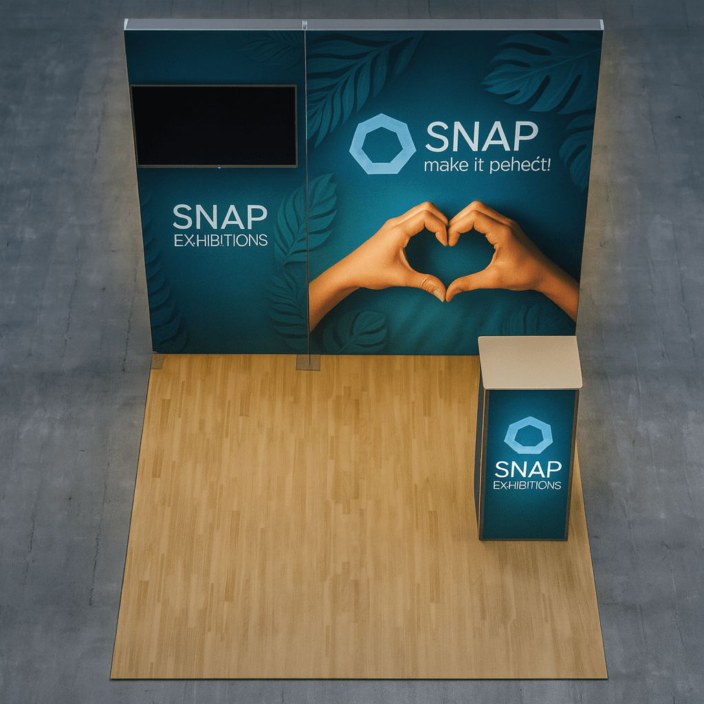 Riva 10x10 inline modular trade show booth with full backlit wall and branded counter, by Snap Exhibitions