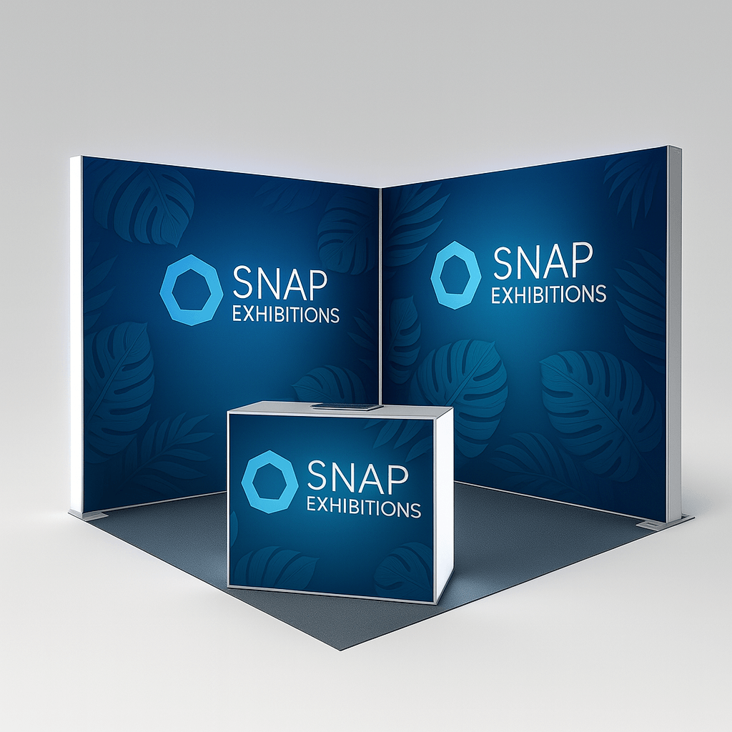 Reno 10x10 modular inline booth with full backlit walls and illuminated reception counter designed by Snap Exhibitions.